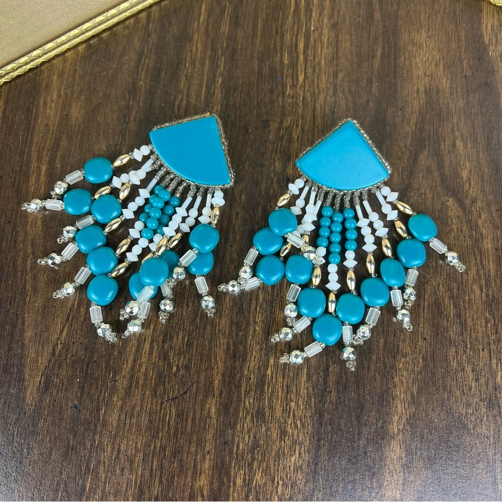Vintage 1980s Turquoise Teal Boho Beaded‎ Dangle Costume Earrings Hippie 🐬